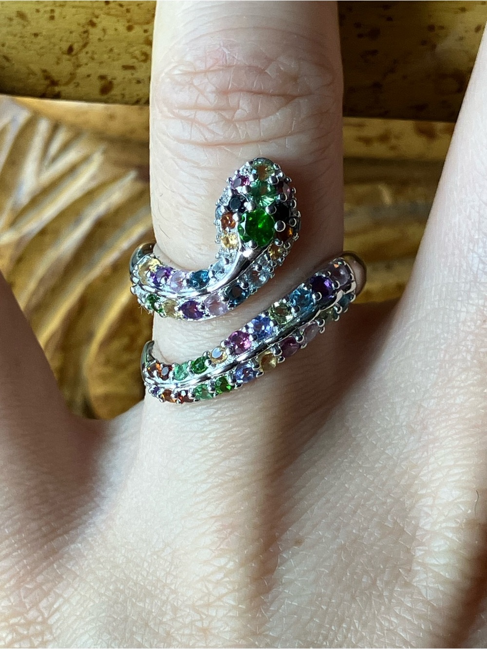 Natural Multi Gemstone Sterling Silver Snake Ring Size 6